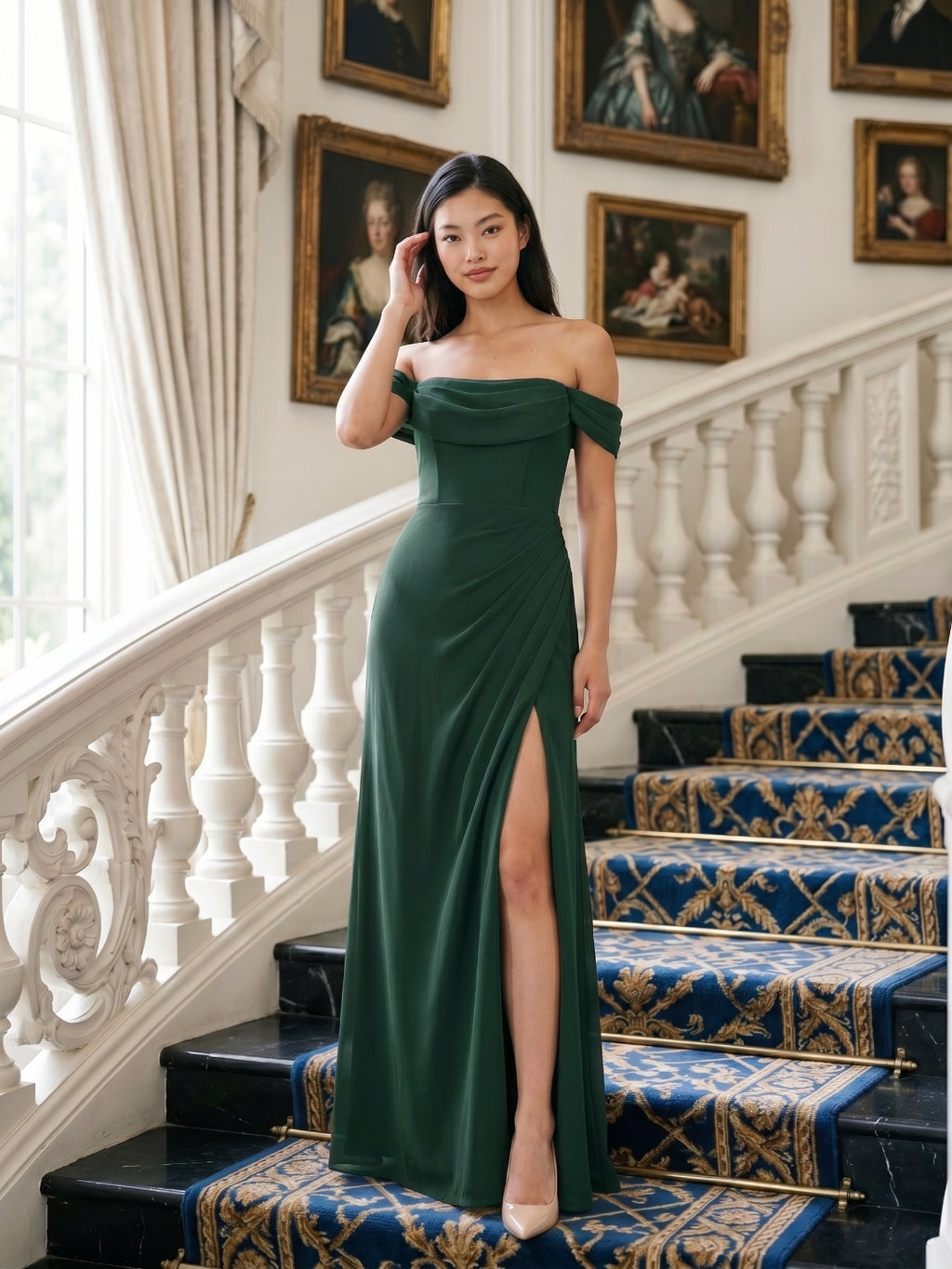 Forest Green Chiffon A-Line Off-the-Shoulder Back Zip Floor-Length Bridesmaid Dress with Pleating