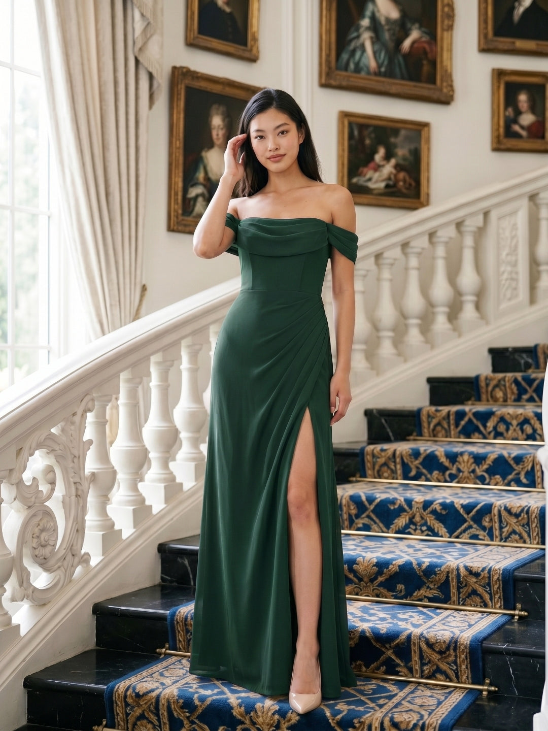 Forest Green Chiffon A-Line Off-the-Shoulder Back Zip Floor-Length Bridesmaid Dress with Pleating