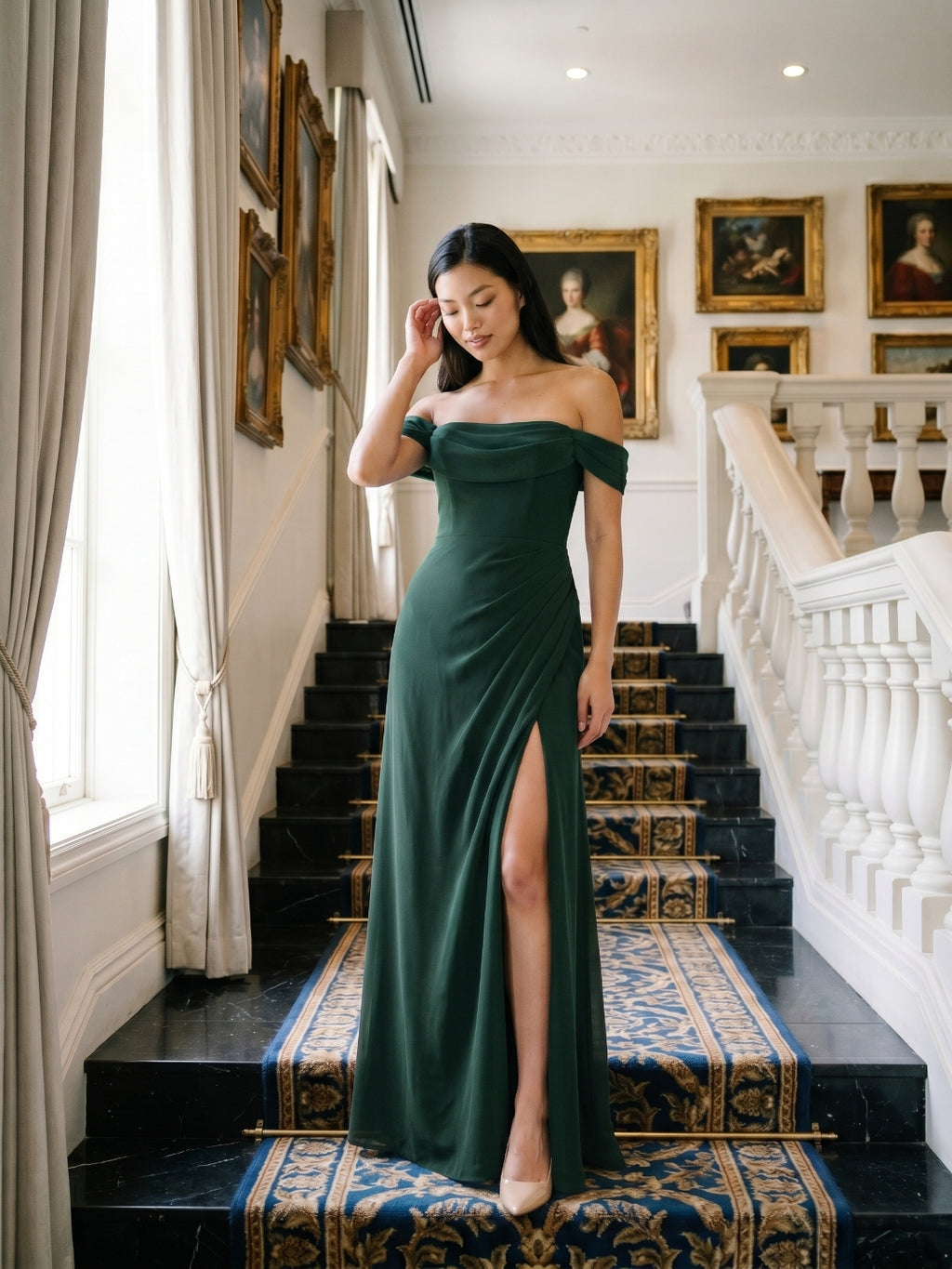 Forest Green Chiffon A-Line Off-the-Shoulder Back Zip Floor-Length Bridesmaid Dress with Pleating