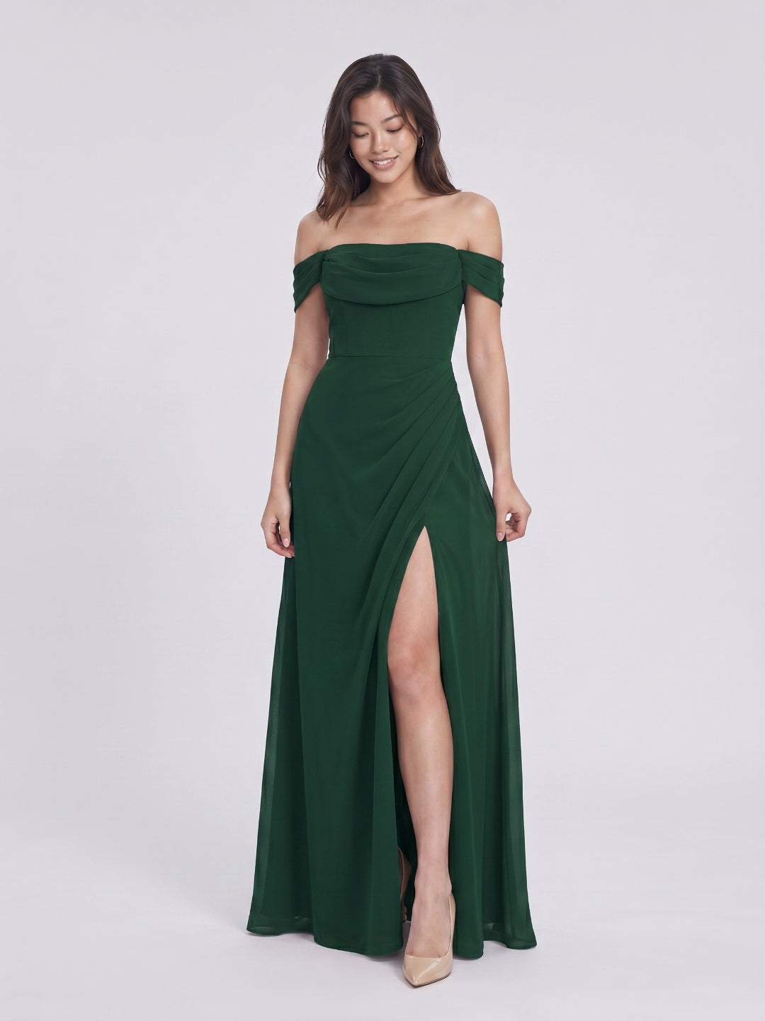 Forest Green Chiffon A-Line Off-the-Shoulder Back Zip Floor-Length Bridesmaid Dress with Pleating