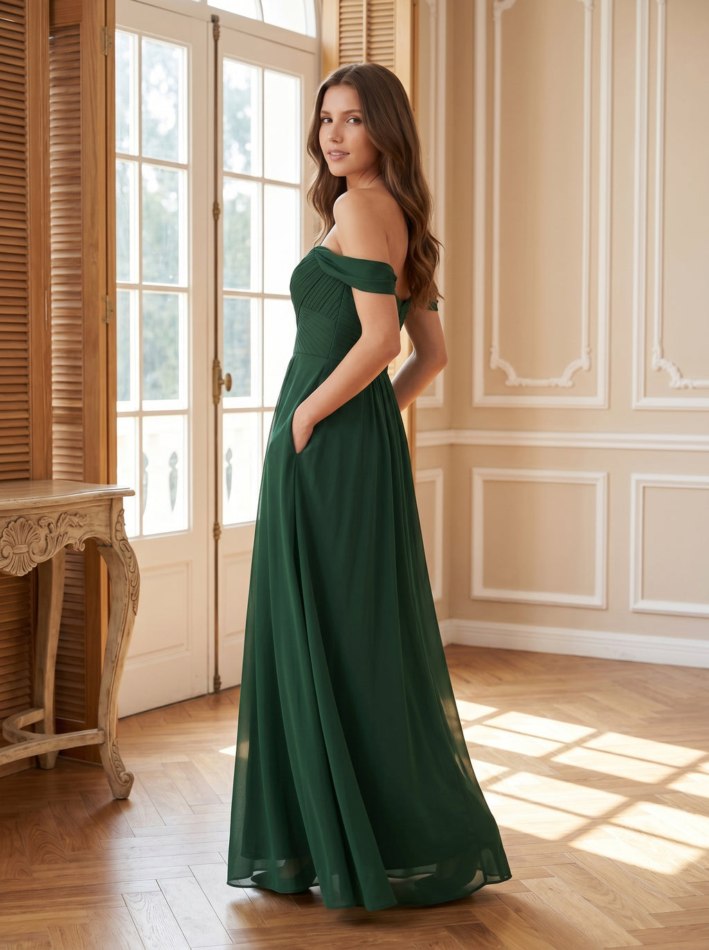 Forest Green Chiffon A-Line Off-the-Shoulder Backless Floor-Length Pleated Dress