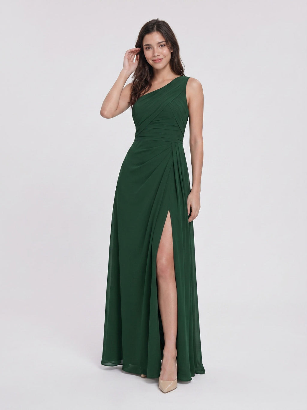 Forest Green Chiffon A-Line One Shoulder Back Zip Floor-Length Bridesmaid Dress with Pleating