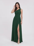 Forest Green Chiffon A-Line One Shoulder Back Zip Floor-Length Bridesmaid Dress with Pleating