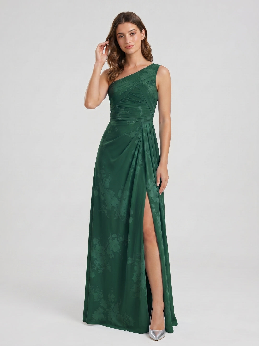 Forest Green Chiffon A-Line One Shoulder Back Zip Floor-Length Bridesmaid Dress with Pleating