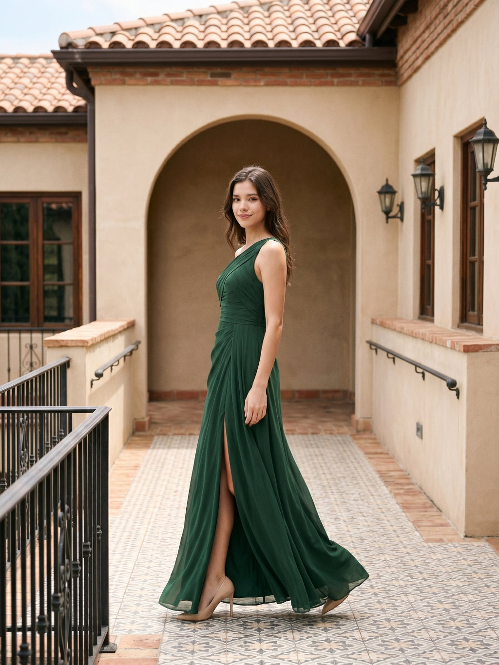 Forest Green Chiffon A-Line One Shoulder Back Zip Floor-Length Bridesmaid Dress with Pleating