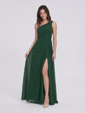 Forest Green Chiffon A-Line One Shoulder Back Zip Floor-Length Bridesmaid Dress with Pleating