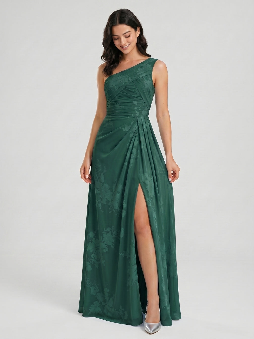 Forest Green Chiffon A-Line One Shoulder Back Zip Floor-Length Bridesmaid Dress with Pleating