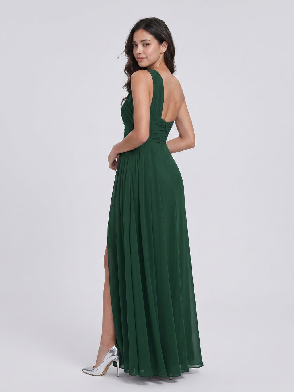 Forest Green Chiffon A-Line One Shoulder Back Zip Floor-Length Bridesmaid Dress with Pleating