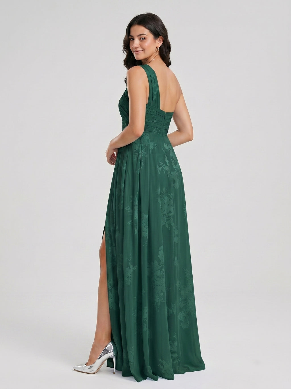 Forest Green Chiffon A-Line One Shoulder Back Zip Floor-Length Bridesmaid Dress with Pleating