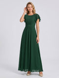 Forest Green Chiffon A-Line Scoop Neck Back Zip Floor-Length Bridesmaid Dress with Ruffles
