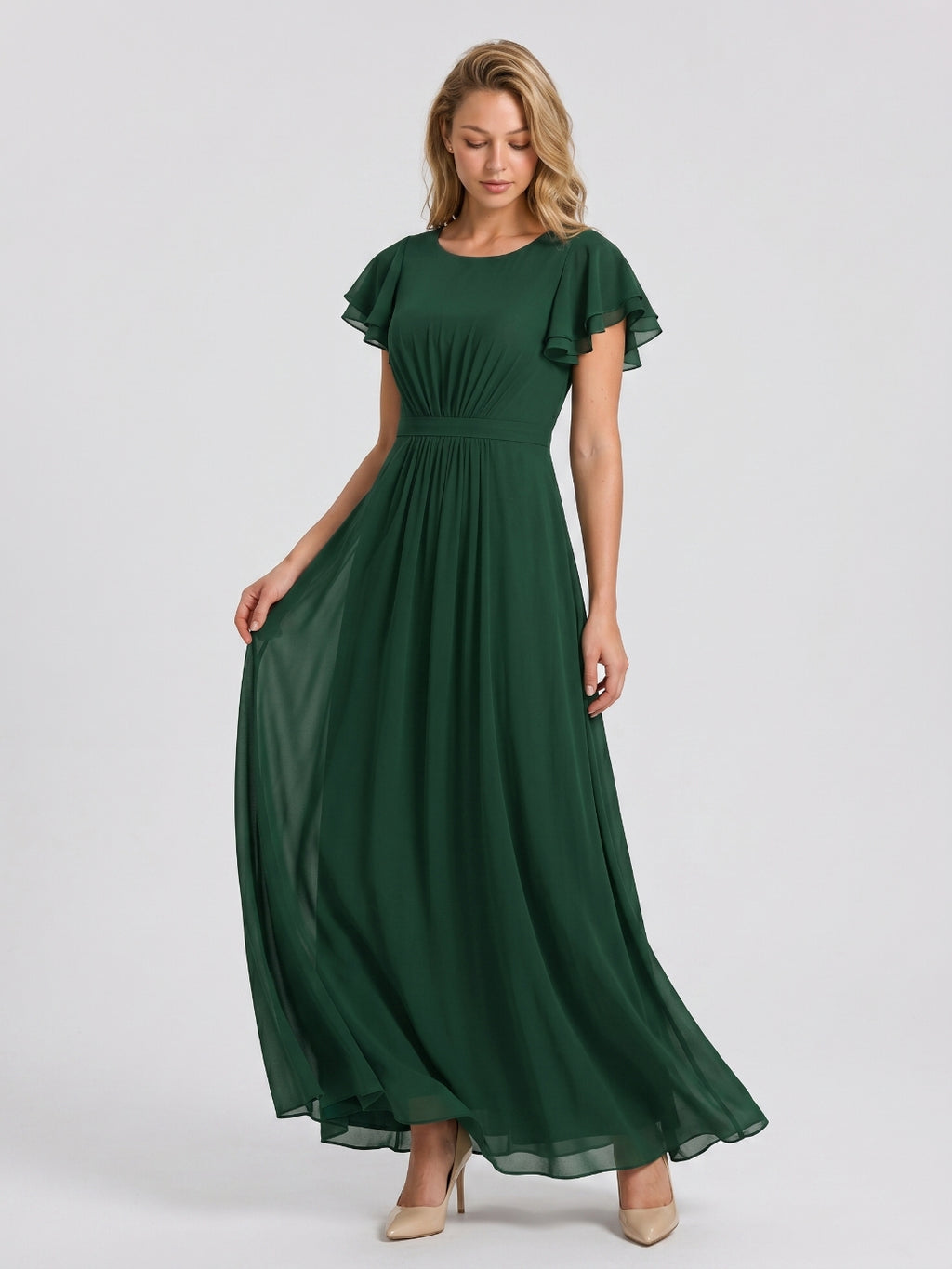 Forest Green Chiffon A-Line Scoop Neck Back Zip Floor-Length Bridesmaid Dress with Ruffles