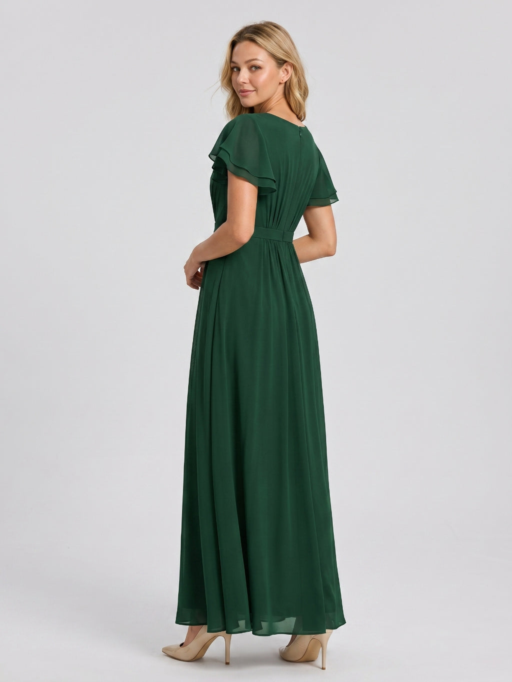 Forest Green Chiffon A-Line Scoop Neck Back Zip Floor-Length Bridesmaid Dress with Ruffles