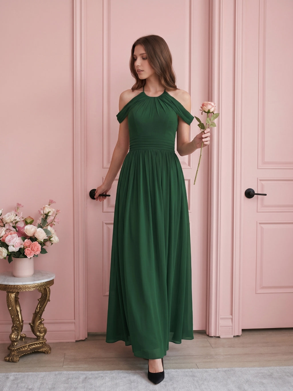 Forest Green Chiffon A-Line Scoop Neck Backless Floor-Length Pleated Bridesmaid Dress