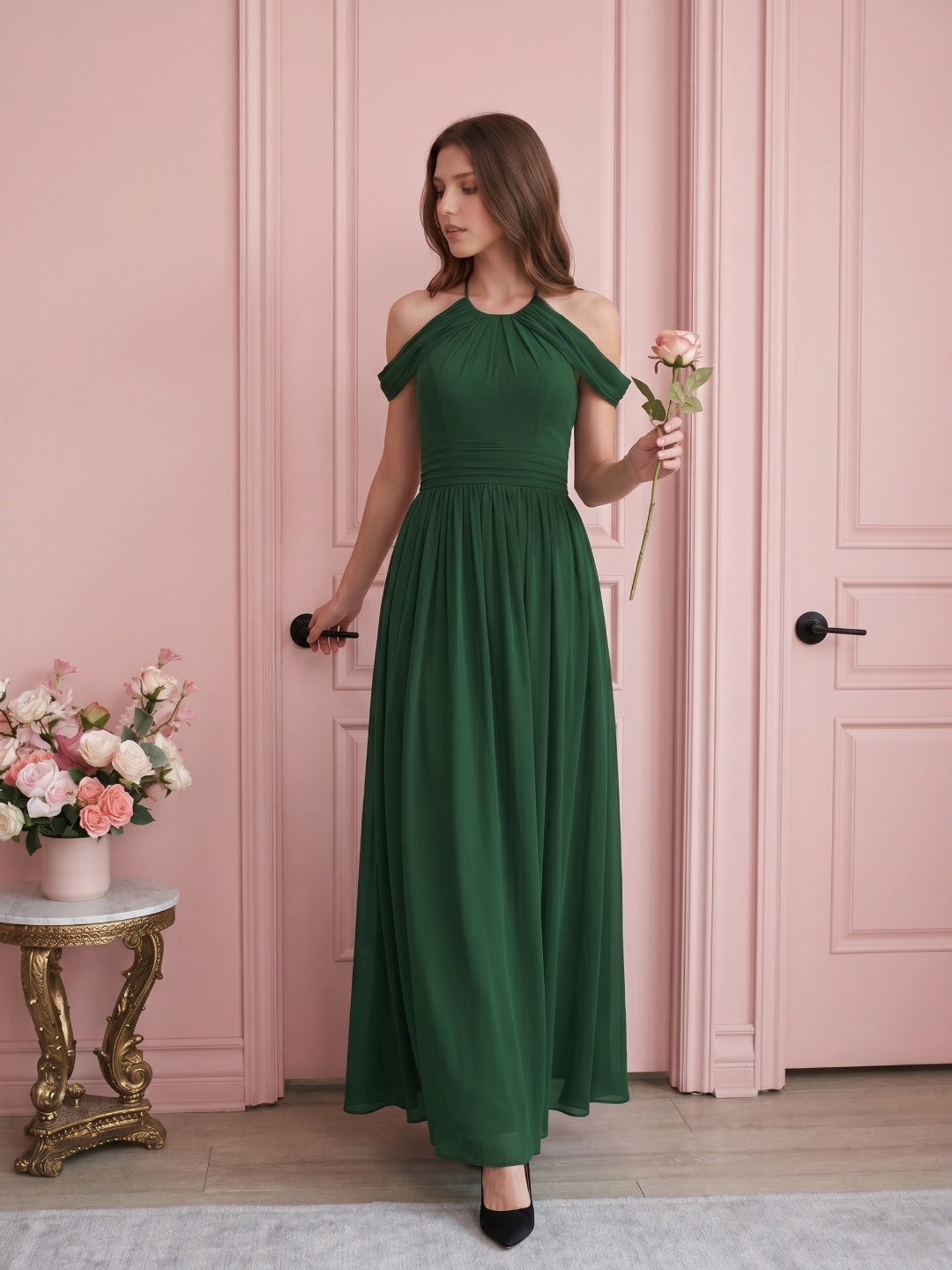 Forest Green Chiffon A-Line Scoop Neck Backless Floor-Length Pleated Bridesmaid Dress