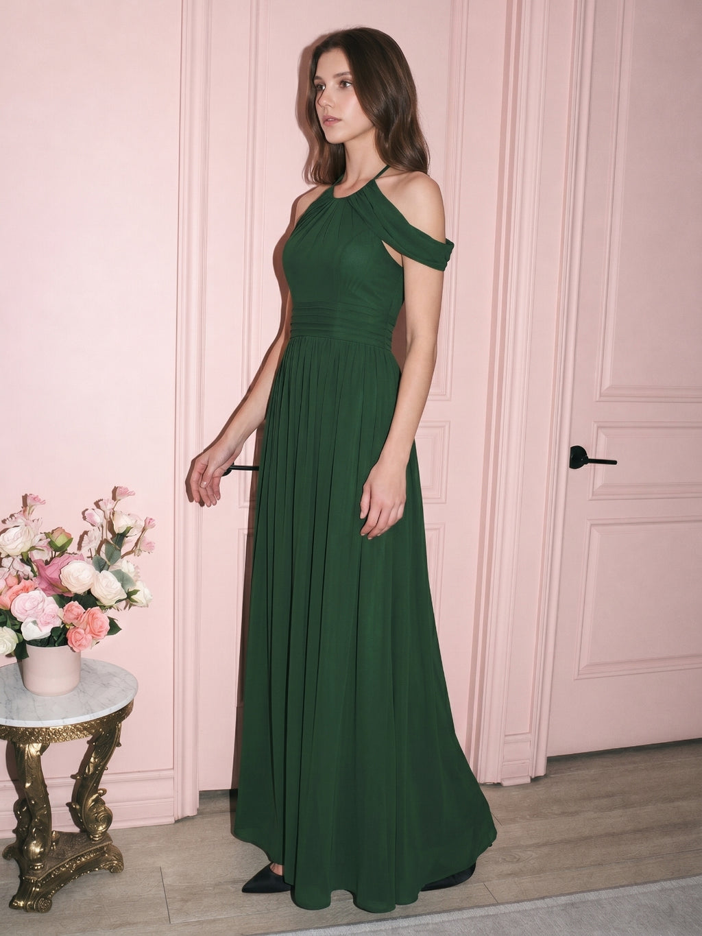 Forest Green Chiffon A-Line Scoop Neck Backless Floor-Length Pleated Bridesmaid Dress
