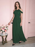 Forest Green Chiffon A-Line Scoop Neck Backless Floor-Length Pleated Bridesmaid Dress
