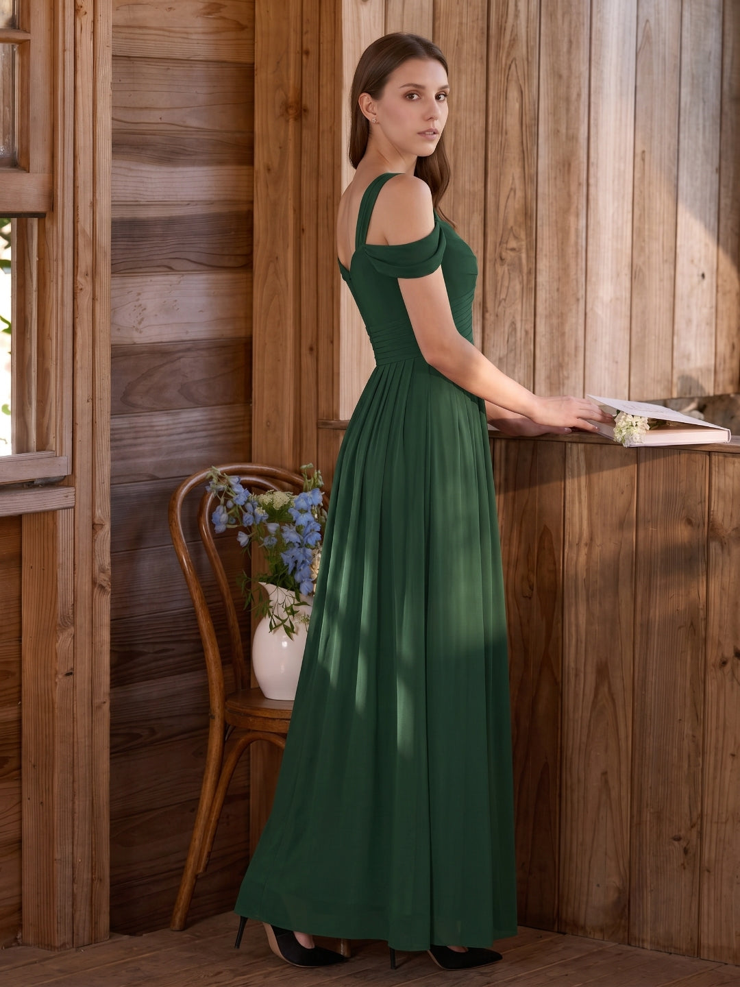 Forest Green Chiffon A-Line Sweetheart Backless Floor-Length  Bridesmaid Dress