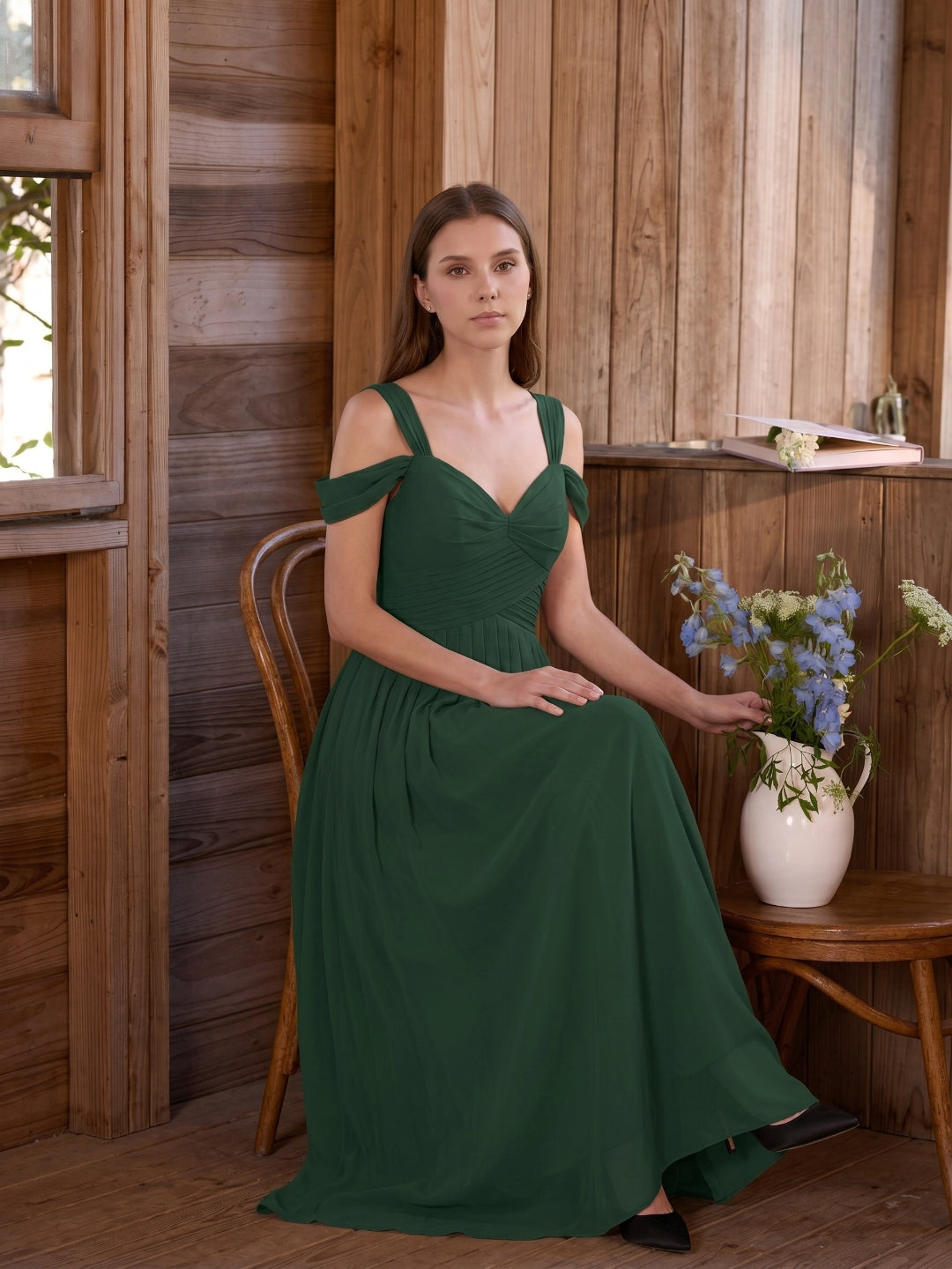 Forest Green Chiffon A-Line Sweetheart Backless Floor-Length  Bridesmaid Dress