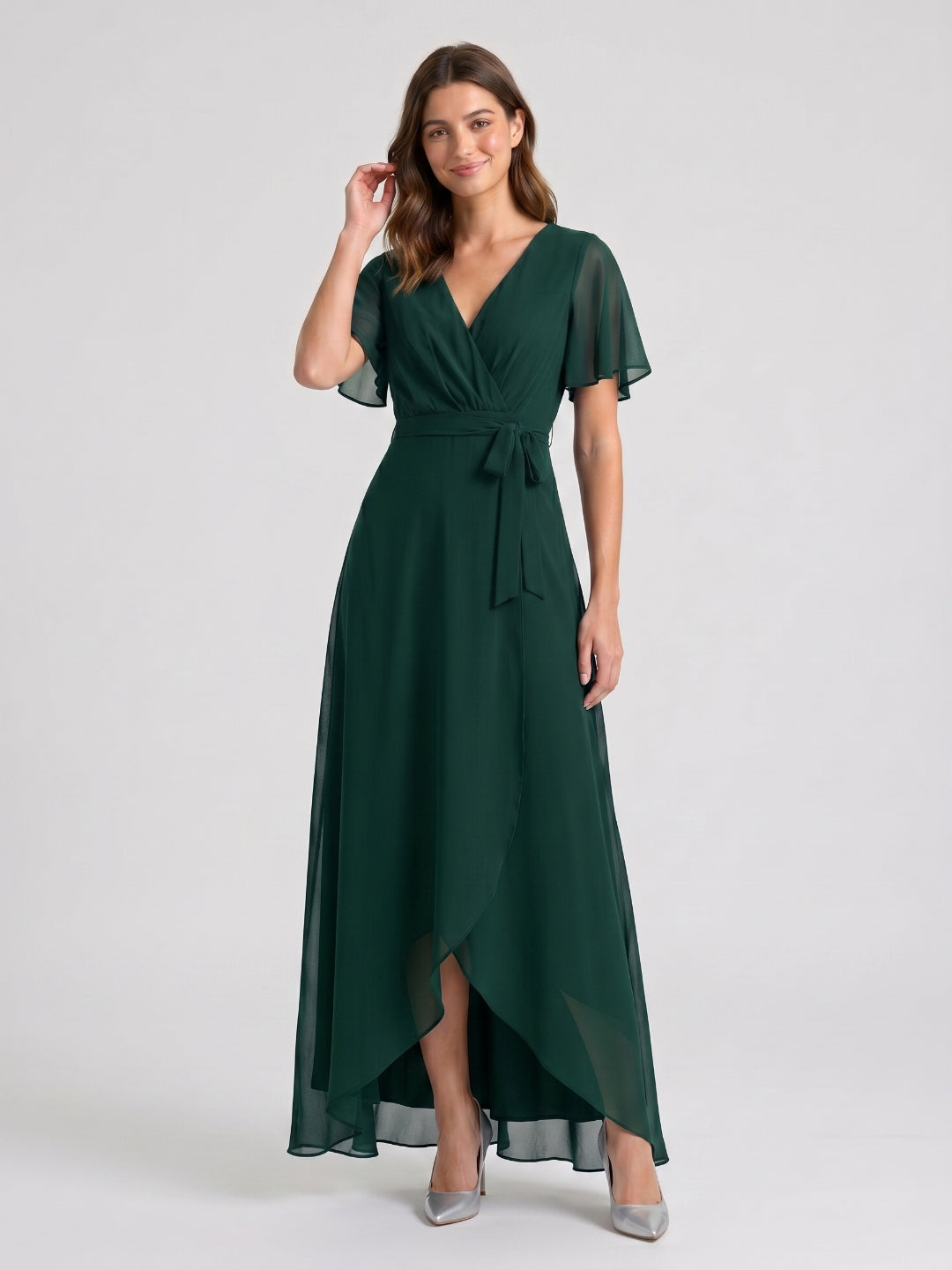 Forest Green Chiffon A-Line V-Neck Asymmetrical Bridesmaid Dress with Bow