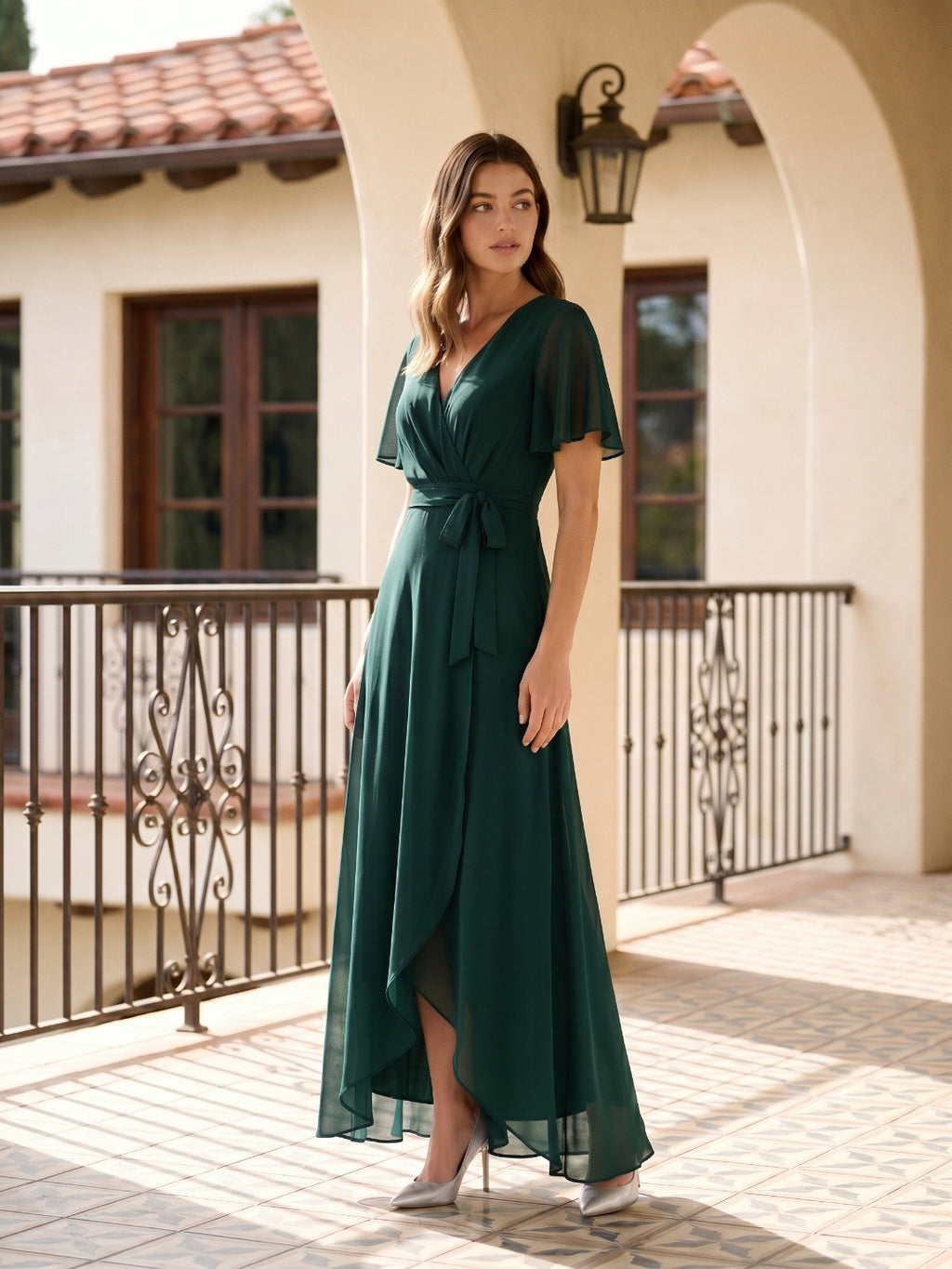 Forest Green Chiffon A-Line V-Neck Asymmetrical Bridesmaid Dress with Bow