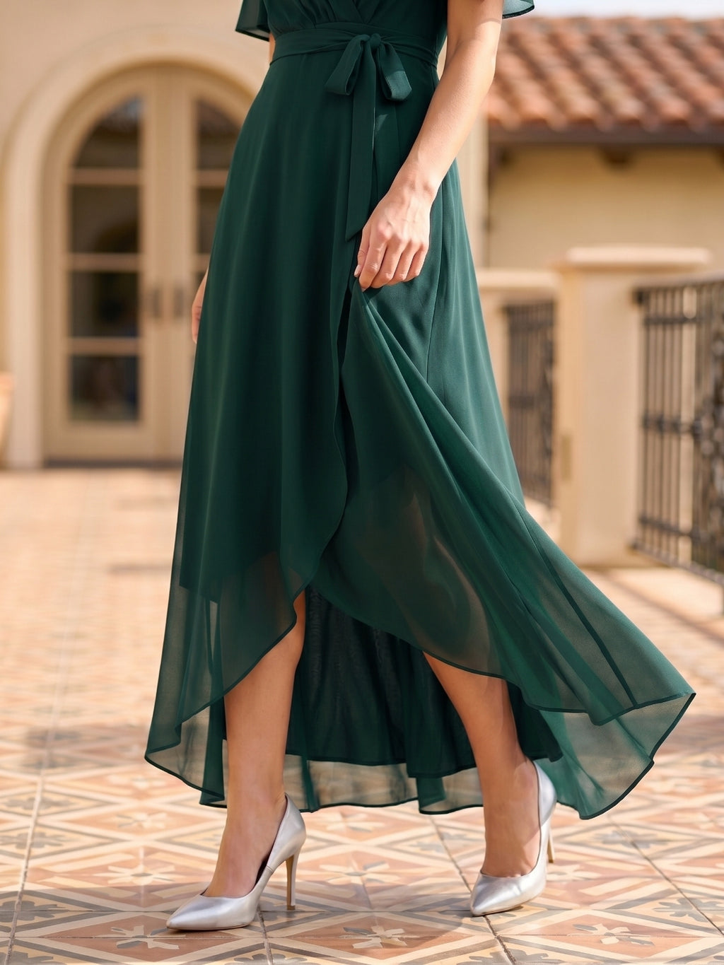 Forest Green Chiffon A-Line V-Neck Asymmetrical Bridesmaid Dress with Bow