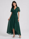 Forest Green Chiffon A-Line V-Neck Asymmetrical Bridesmaid Dress with Bow