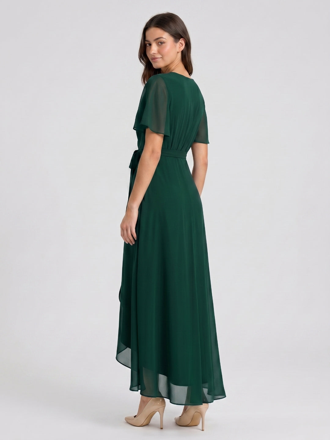 Forest Green Chiffon A-Line V-Neck Asymmetrical Bridesmaid Dress with Bow