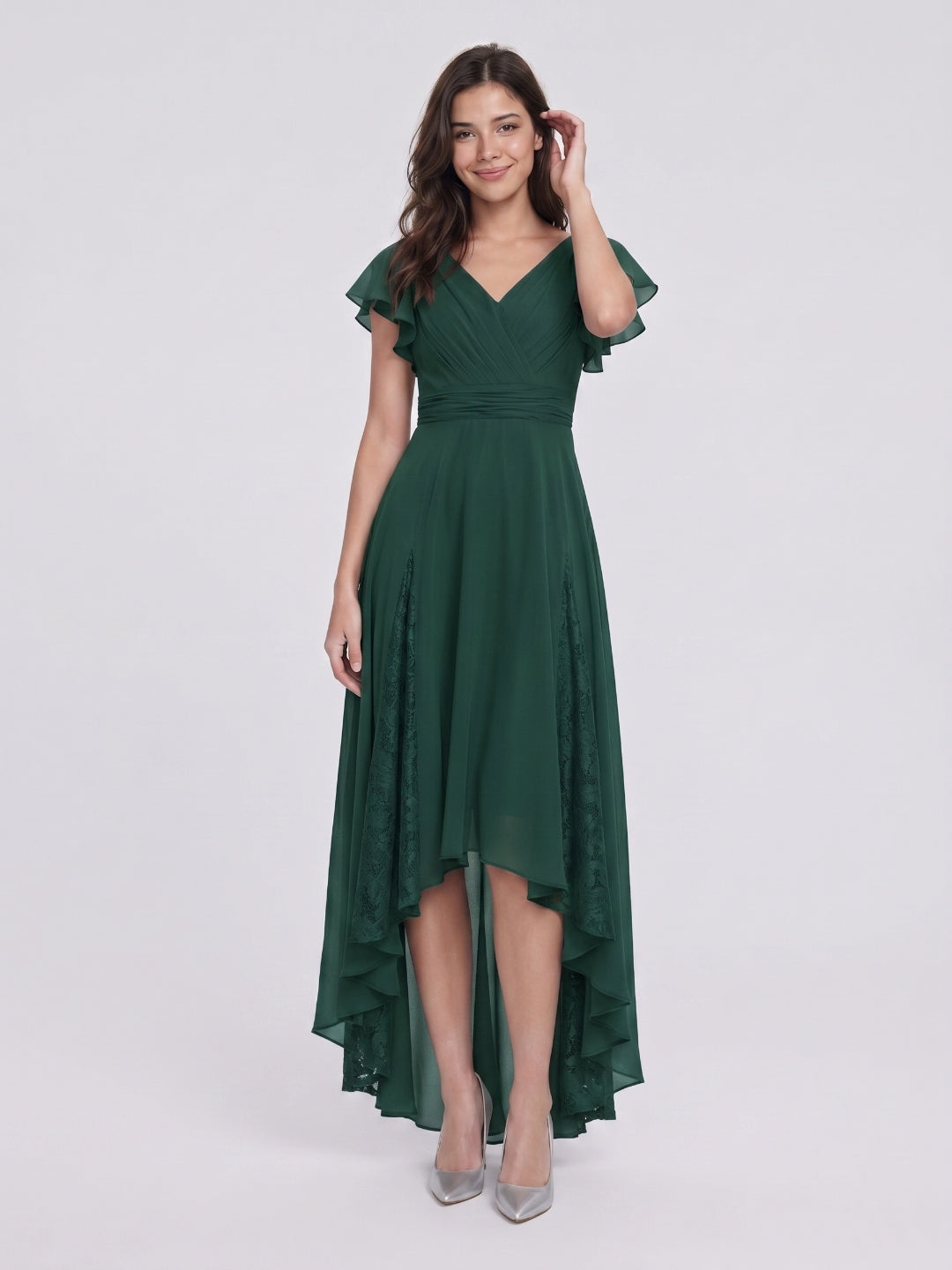 Forest Green Chiffon A-Line V-Neck Back Zip Asymmetrical Bridesmaid Dress with Ruffles