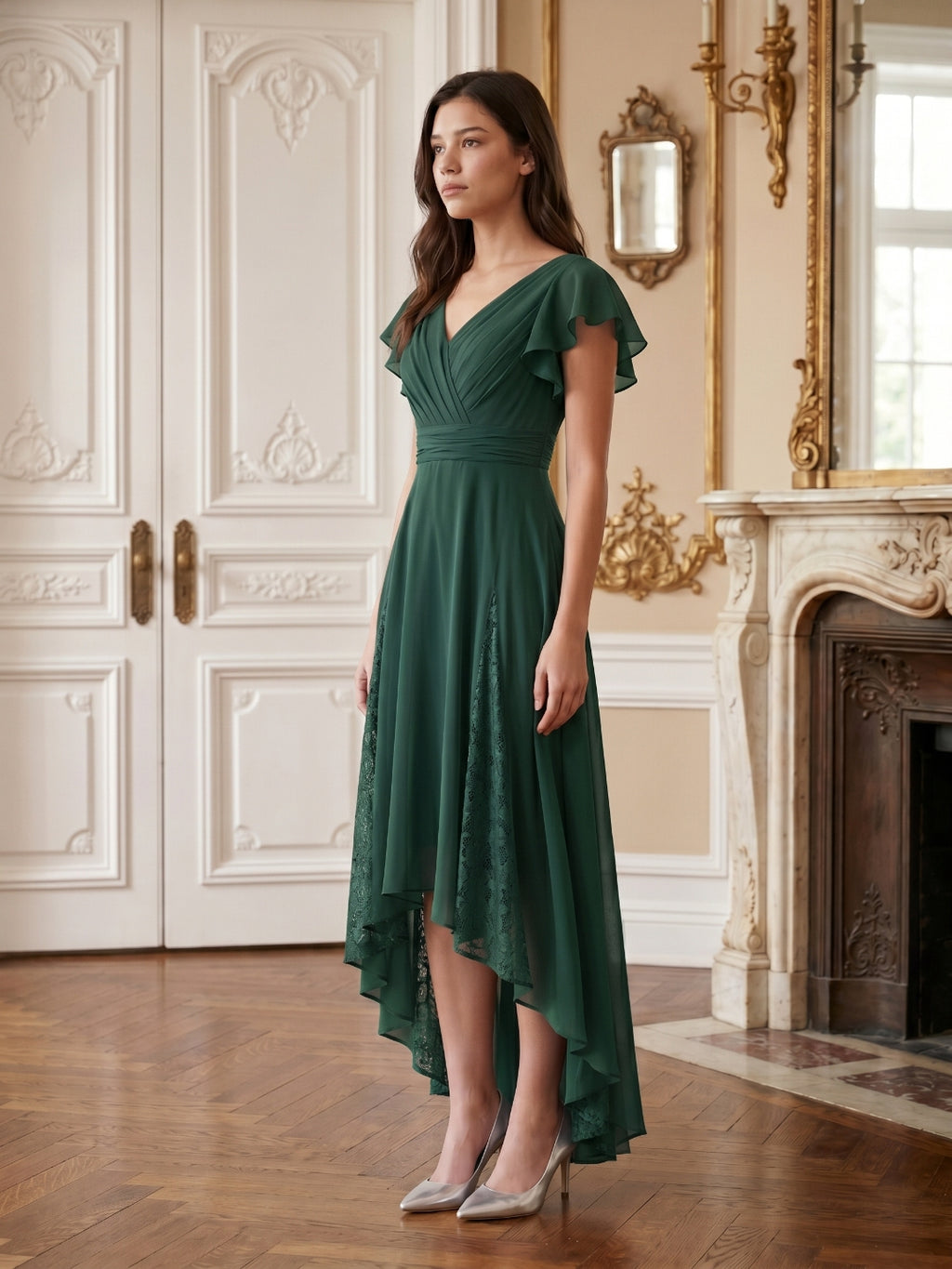Forest Green Chiffon A-Line V-Neck Back Zip Asymmetrical Bridesmaid Dress with Ruffles