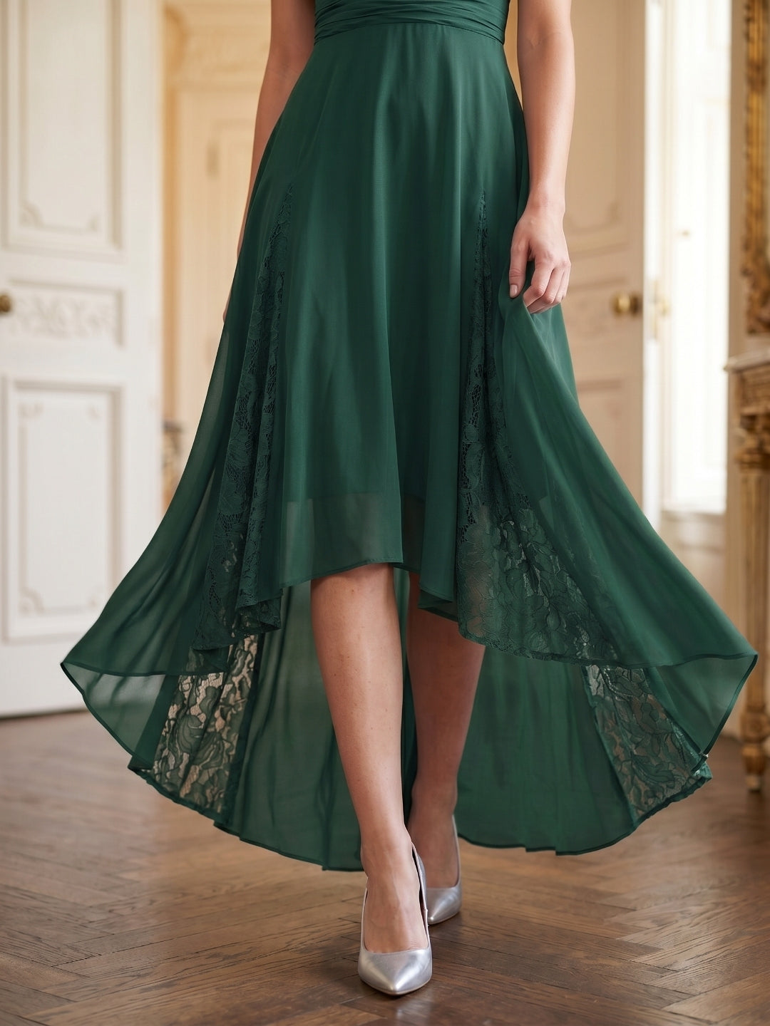 Forest Green Chiffon A-Line V-Neck Back Zip Asymmetrical Bridesmaid Dress with Ruffles