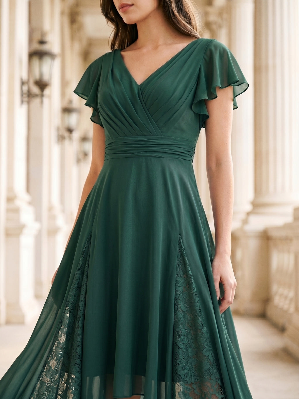 Forest Green Chiffon A-Line V-Neck Back Zip Asymmetrical Bridesmaid Dress with Ruffles