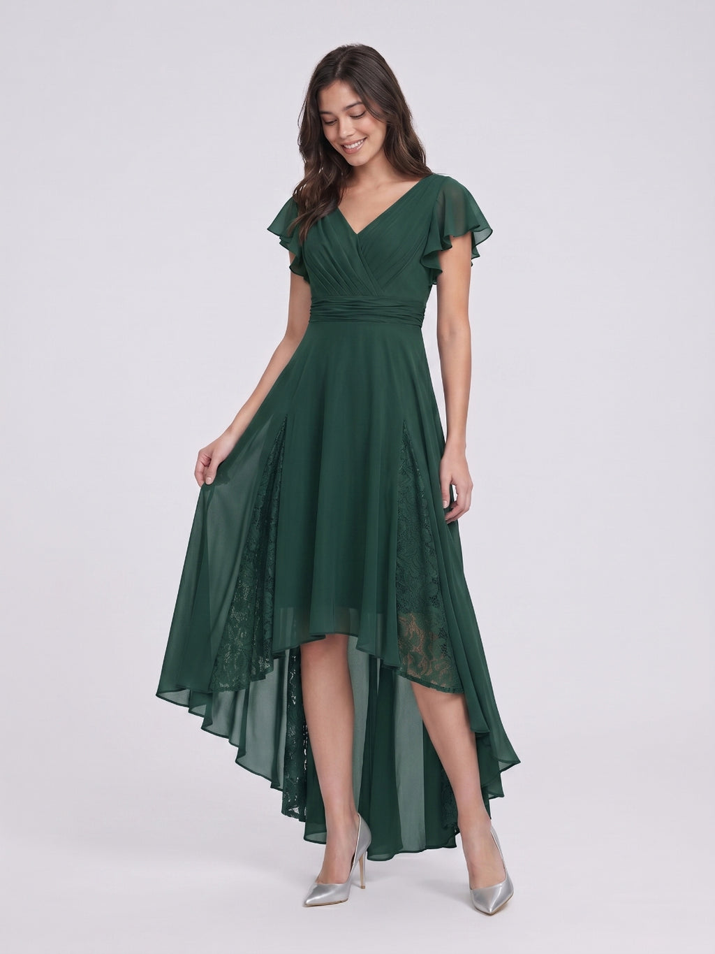 Forest Green Chiffon A-Line V-Neck Back Zip Asymmetrical Bridesmaid Dress with Ruffles