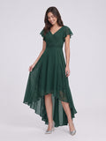 Forest Green Chiffon A-Line V-Neck Back Zip Asymmetrical Bridesmaid Dress with Ruffles