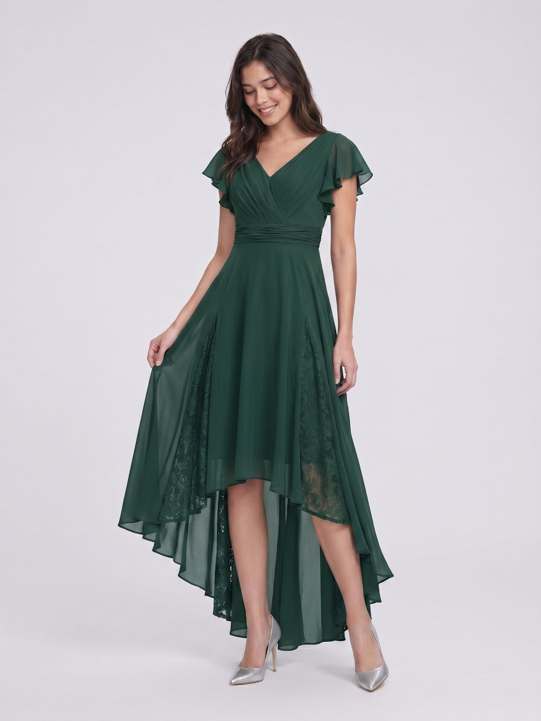 Forest Green Chiffon A-Line V-Neck Back Zip Asymmetrical Bridesmaid Dress with Ruffles