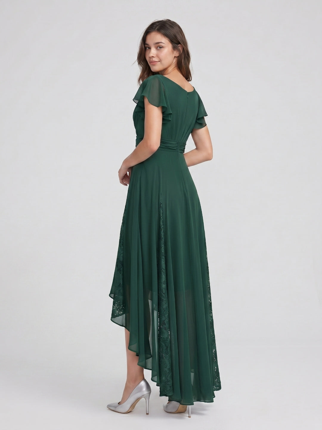 Forest Green Chiffon A-Line V-Neck Back Zip Asymmetrical Bridesmaid Dress with Ruffles
