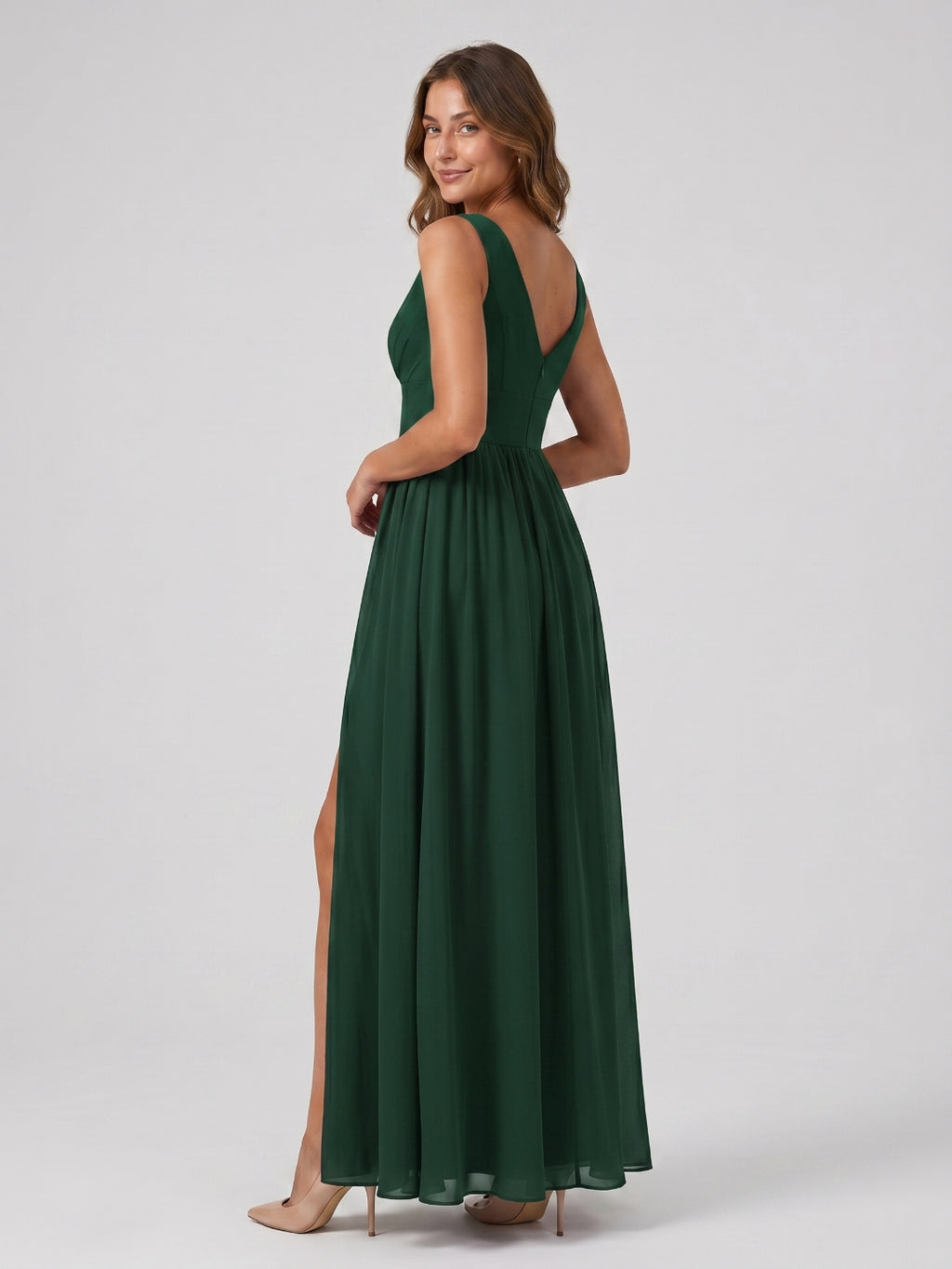 Forest Green Chiffon A-Line V-Neck Back Zip Floor-Length Bridesmaid Dress with Pleating