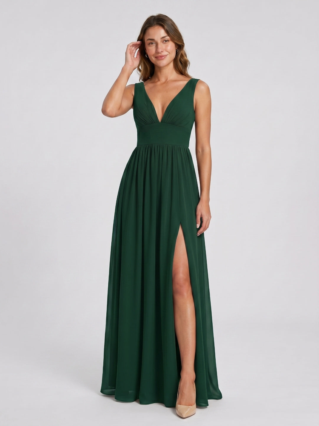 Forest Green Chiffon A-Line V-Neck Back Zip Floor-Length Bridesmaid Dress with Pleating