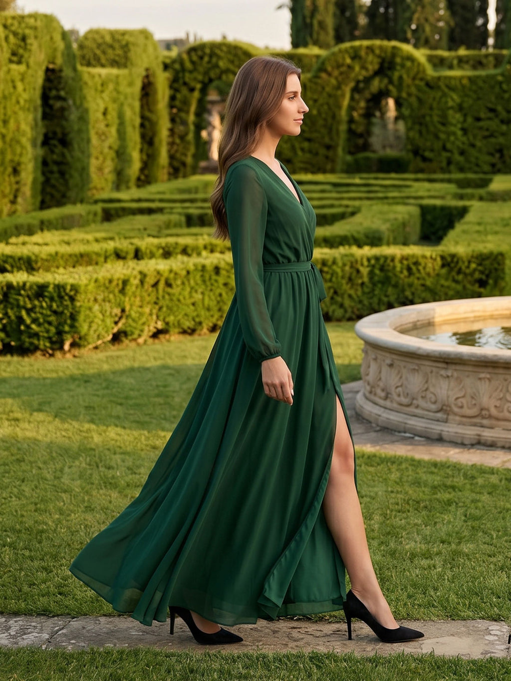 Forest Green Chiffon A-Line V-Neck Back Zip Floor-Length Pleated Bridesmaid Dress