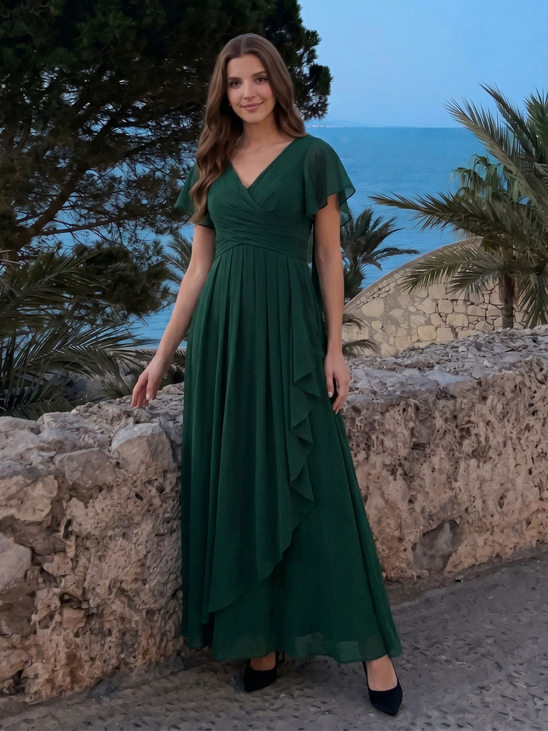 Forest Green Chiffon A-Line V-Neck Backless Floor-Length Ruffle Bridesmaid Dress