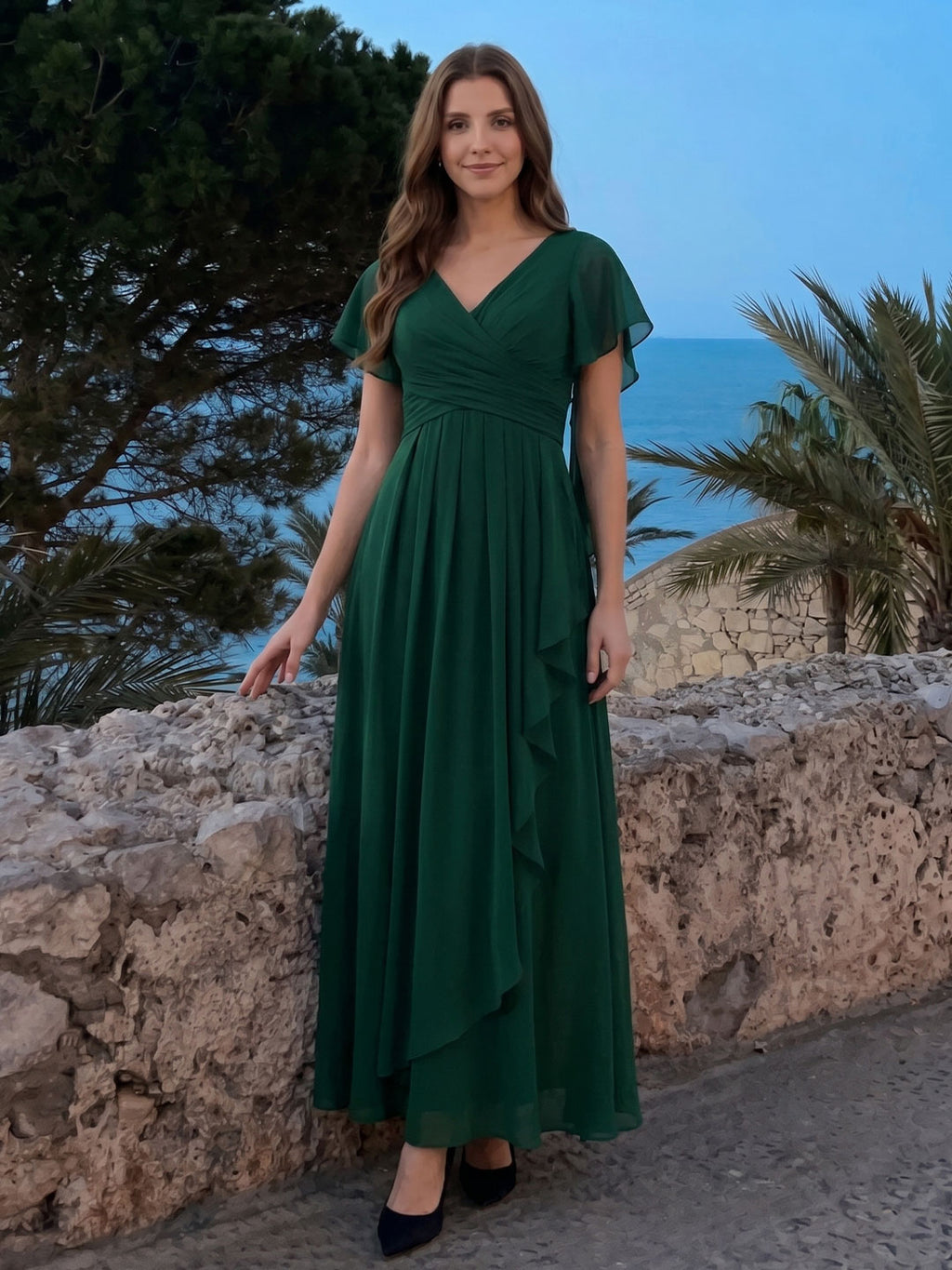 Forest Green Chiffon A-Line V-Neck Backless Floor-Length Ruffle Bridesmaid Dress