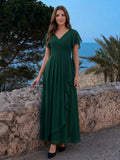 Forest Green Chiffon A-Line V-Neck Backless Floor-Length Ruffle Bridesmaid Dress