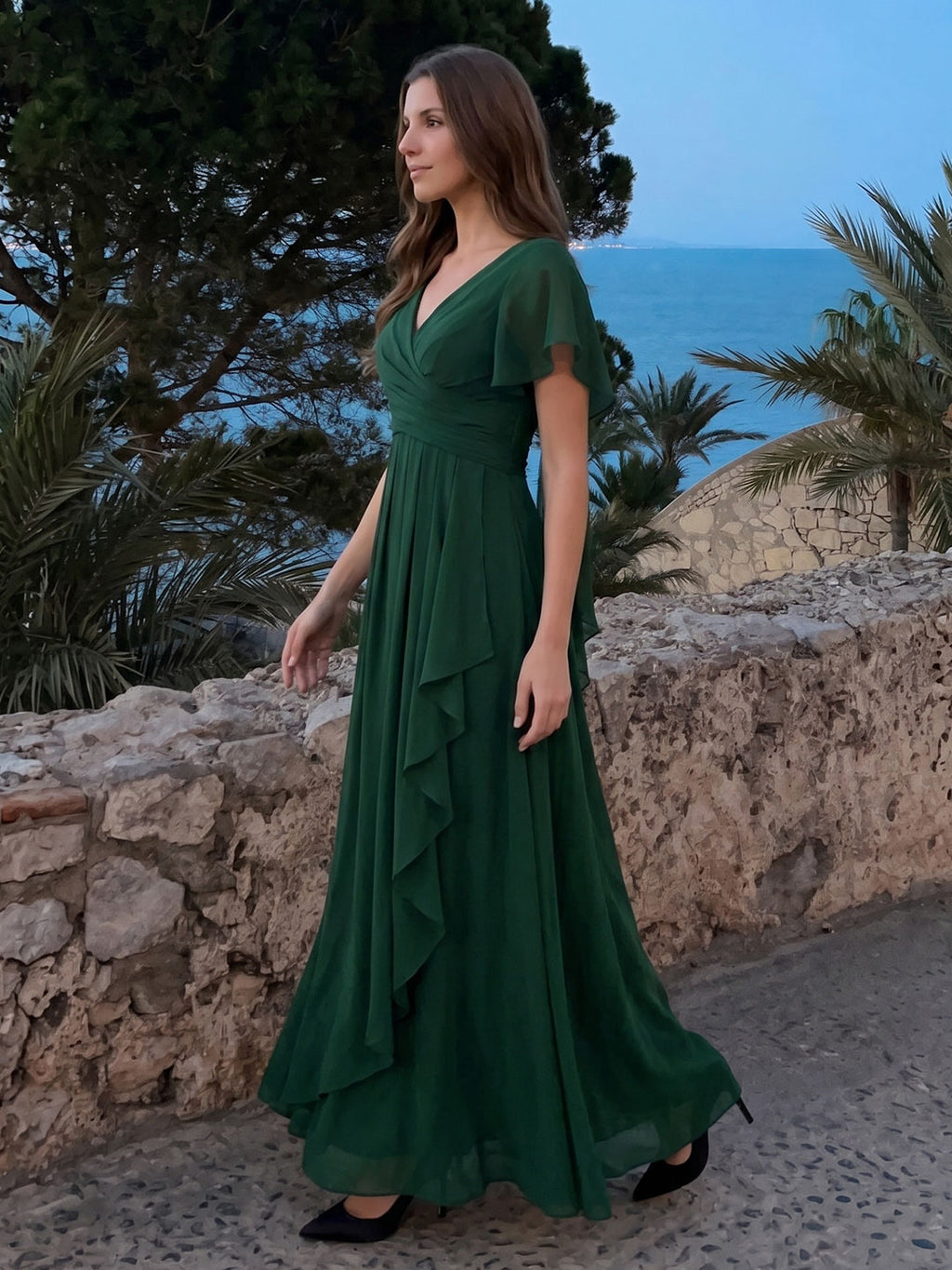 Forest Green Chiffon A-Line V-Neck Backless Floor-Length Ruffle Bridesmaid Dress