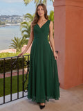 Forest Green Chiffon A-Line V-Neck Keyhole Back Floor-Length Pleated Bridesmaid Dress