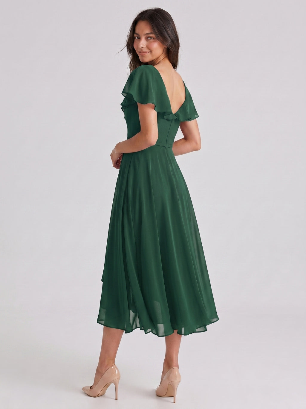 Forest Green Chiffon A-Line V-Neck V-Back Asymmetrical Bridesmaid Dress with Ruffles