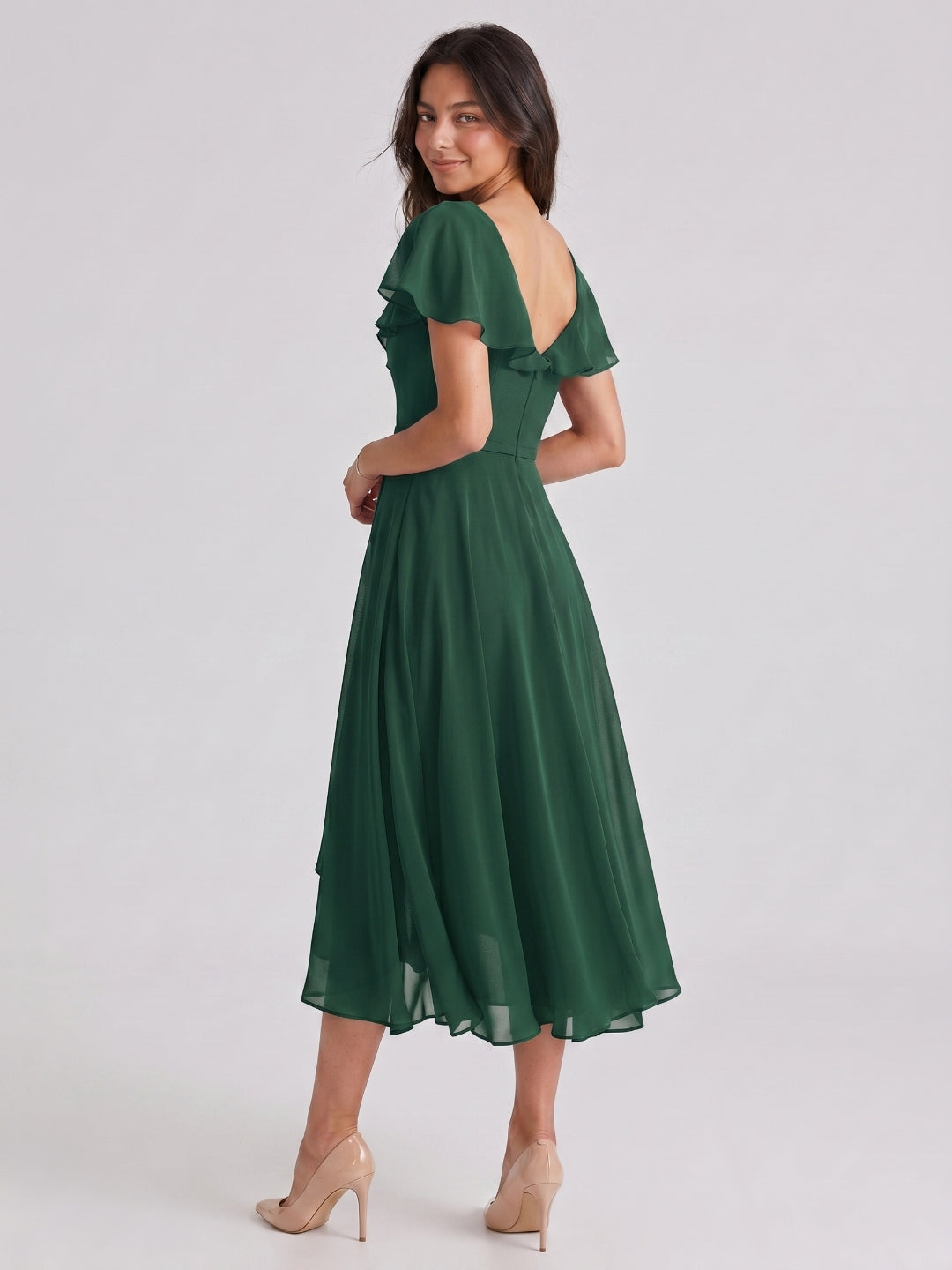 Forest Green Chiffon A-Line V-Neck V-Back Asymmetrical Bridesmaid Dress with Ruffles
