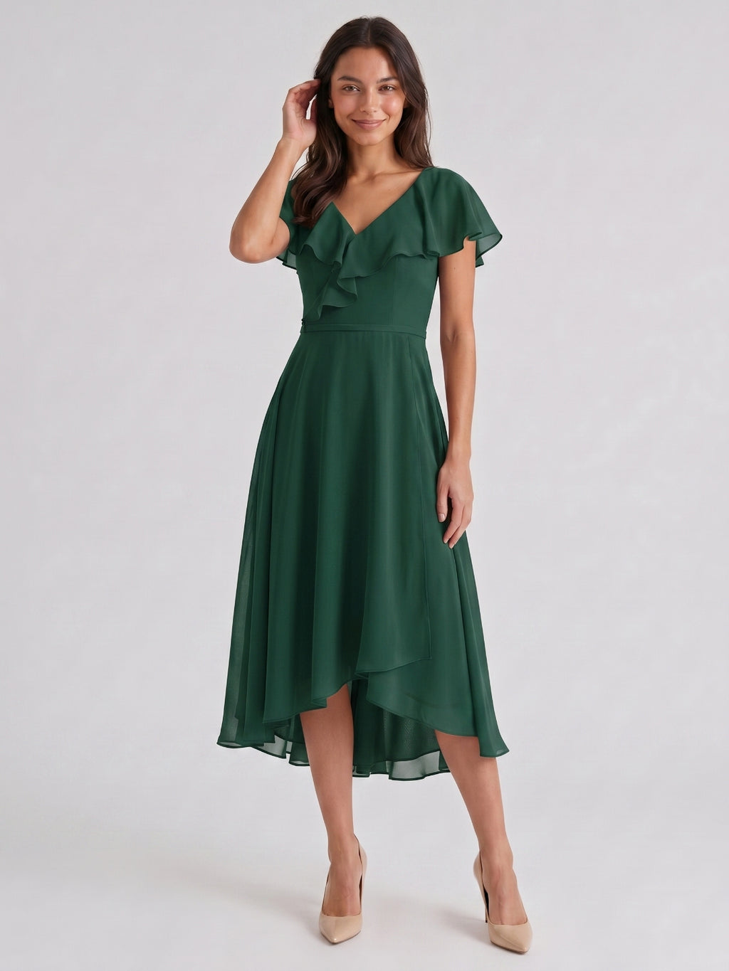 Forest Green Chiffon A-Line V-Neck V-Back Asymmetrical Bridesmaid Dress with Ruffles