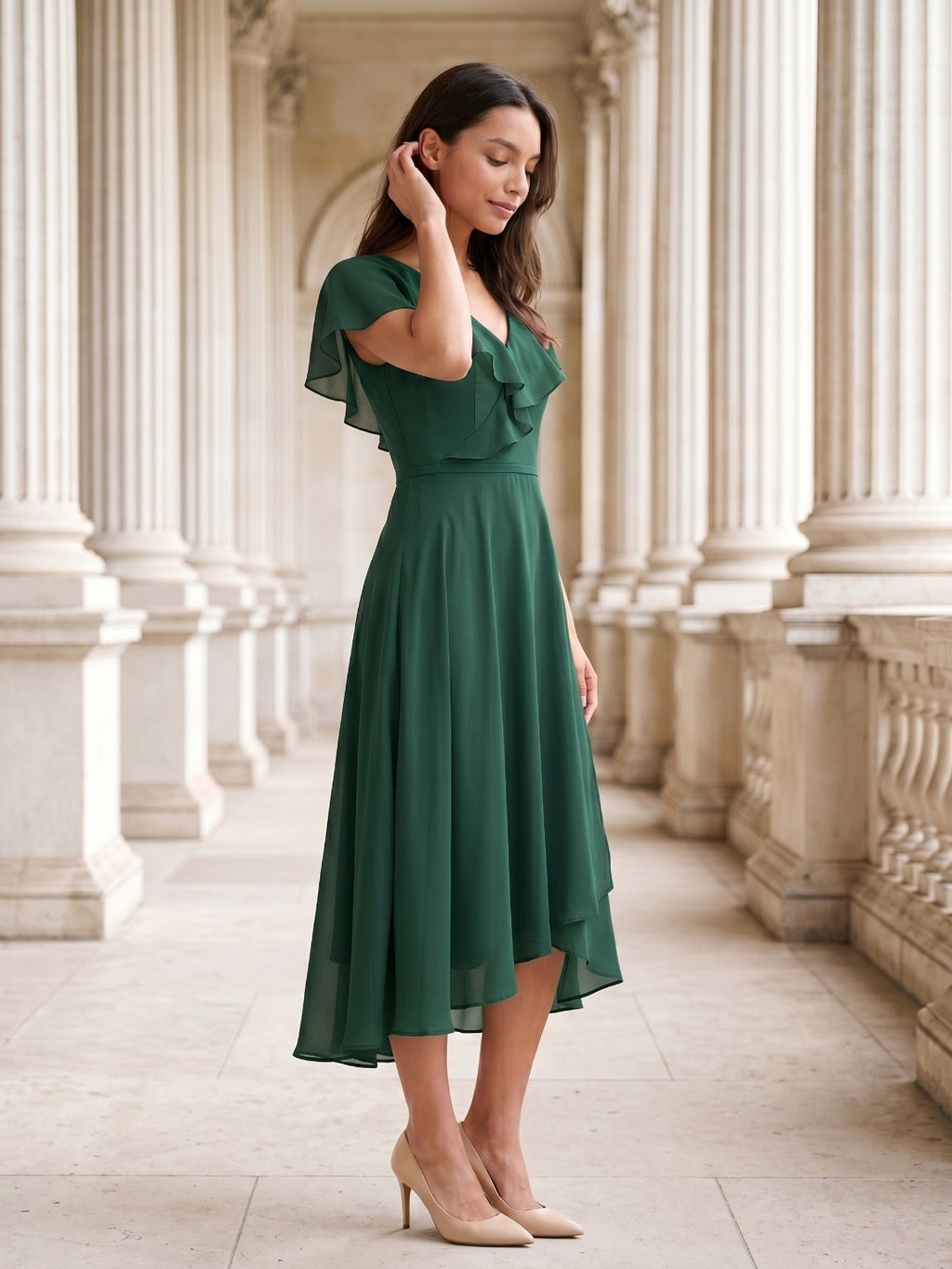 Forest Green Chiffon A-Line V-Neck V-Back Asymmetrical Bridesmaid Dress with Ruffles