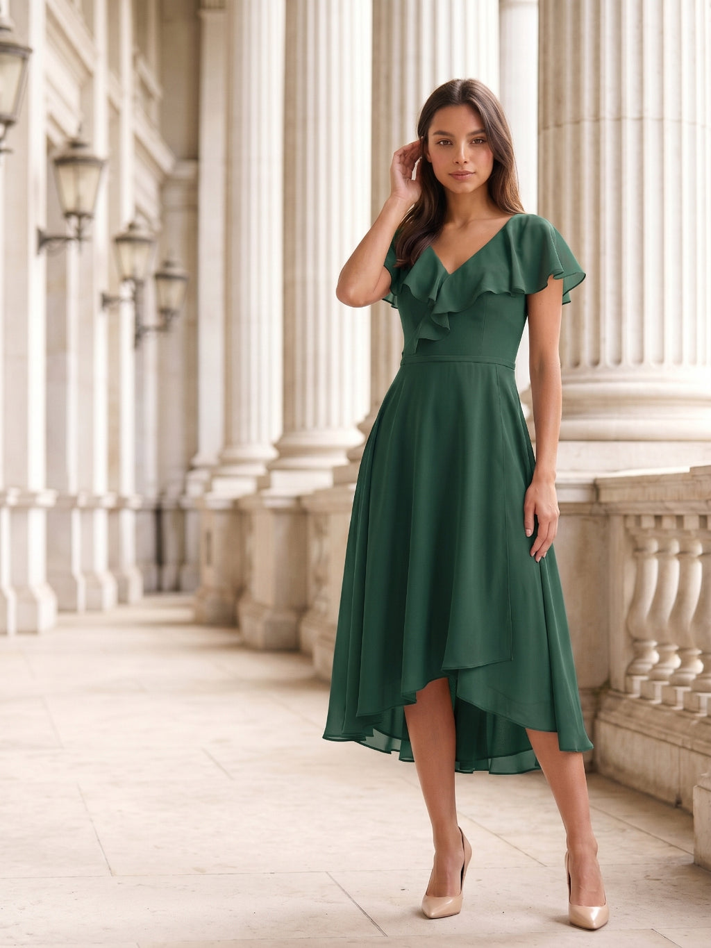 Forest Green Chiffon A-Line V-Neck V-Back Asymmetrical Bridesmaid Dress with Ruffles