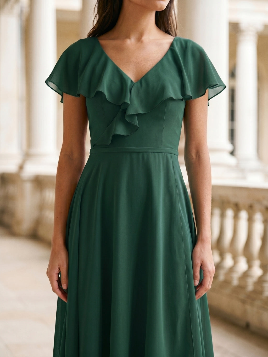 Forest Green Chiffon A-Line V-Neck V-Back Asymmetrical Bridesmaid Dress with Ruffles