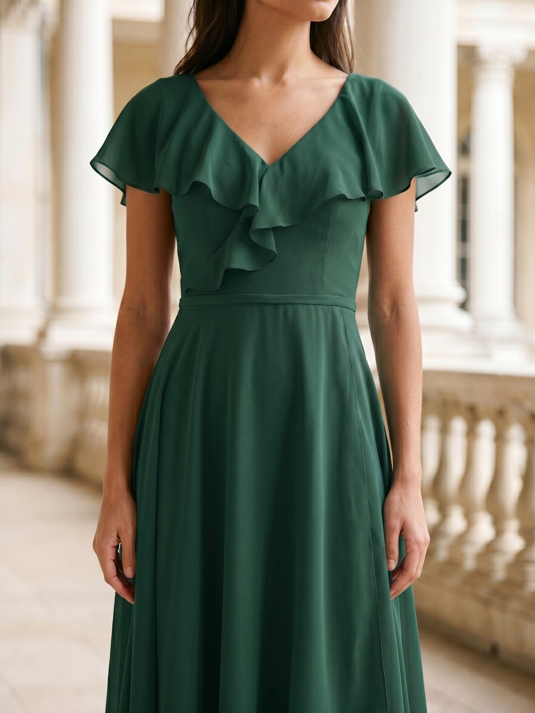 Forest Green Chiffon A-Line V-Neck V-Back Asymmetrical Bridesmaid Dress with Ruffles